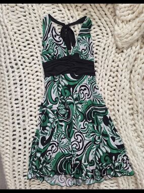 connected apparel Green Black White Swirl Halter Dress